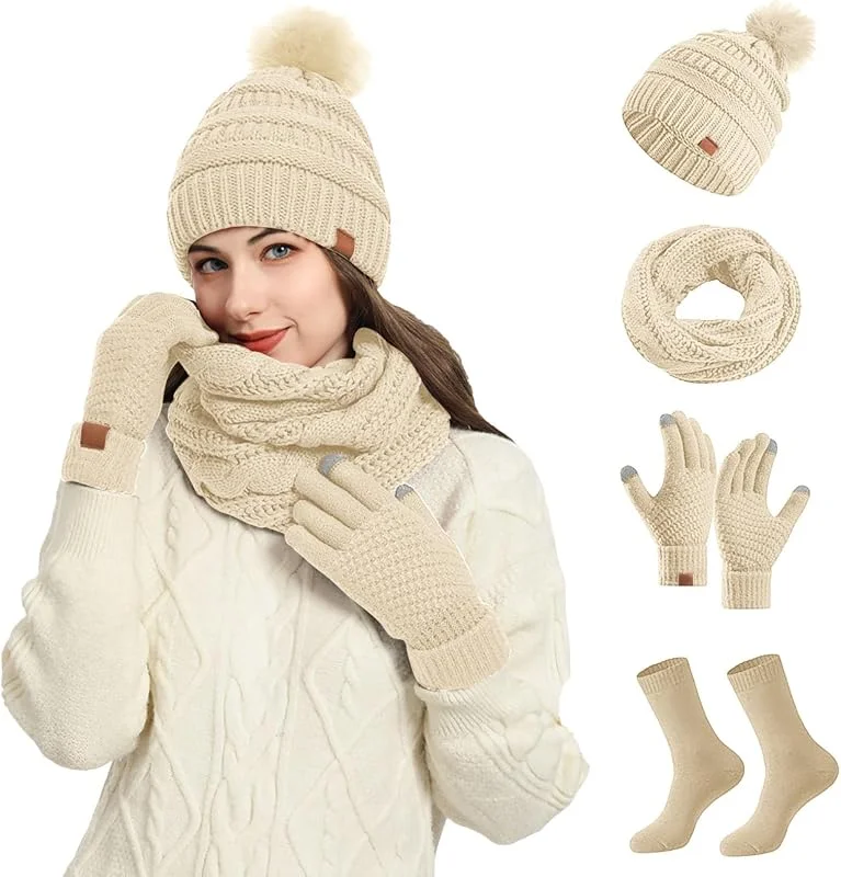 Ensemble Bonnet, Bonnet Tricoté Élastique Chaud Pour Femme Ensemble Composé D'Une Écharpe D'Un Bonnet Et De Gants Foulard Femme Musulmane Pour Sports De Plein Air, Course À Pied — Vetements ski