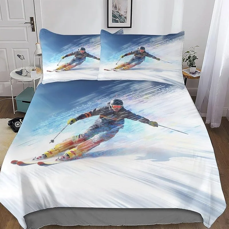 Ski Sets Housse De Couette avec Taies d'oreiller, 3D Imprimé Microfibre Literie 3 Pièces Parure De Lit Linge De Lit avec Fermeture Éclair Double (200x200cm) — Equipement ski
