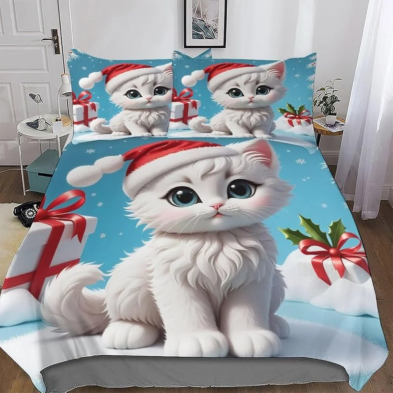 Chat Housse De Couette avec Taie d'oreiller Parure De Lit Microfibre Coton Set Housse De Couette 3 Pièces Douce Confortable Enfants Adultes Double (200x200cm) — Equipement ski