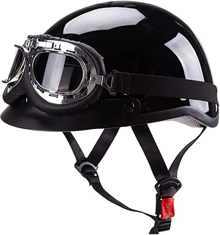 EBAYIN Casque Bol Demi-Jet Casque Moto Demi-Coque Casque RéTro Harley Casque Jet Casque avec Lunettes ECE Approuvé pour Cruiser Chopper Scooter Cyclomoteur Casque, BrightBlack-M=（57~58cm） — Equipement ski