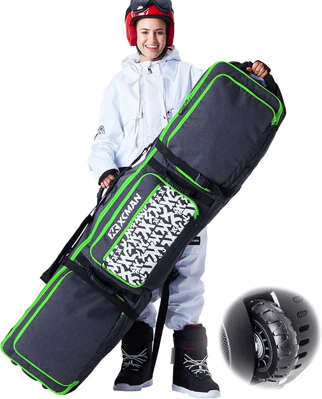 XCMAN Sac de snowboard rembourré avec roulettes, sac de ski extensible pour voyage en avion, longueur réglable, extra long, large, profond, imperméable – avec baleines de protection — Equipement ski