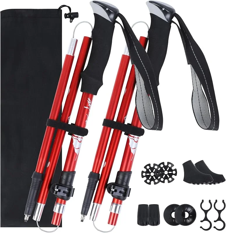 VINATO Bâtons de Randonnée Télescopiques, 2 Paire, Bâtons de Marche Nordic Léger en Alliage 7075, avec Sac de Transport & Accessoires, pour Trekking, Randonnée, Rouge — Equipement ski