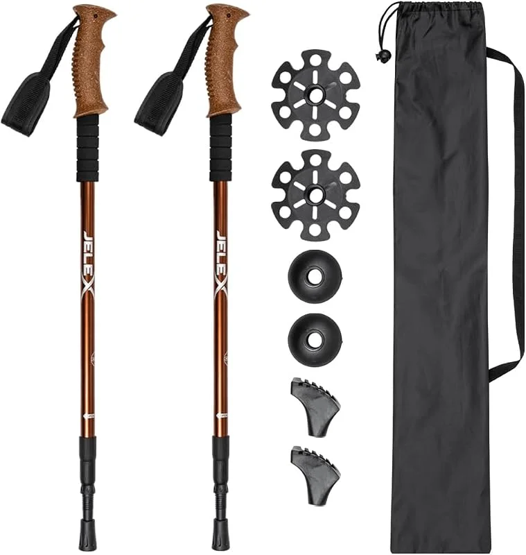 JELEX Bâtons de marche télescopiques Nature pour marche nordique réglables avec divers embouts pour les activités de plein air, bâtons de randonnée ultra légers avec technologie anti-choc — Equipement ski