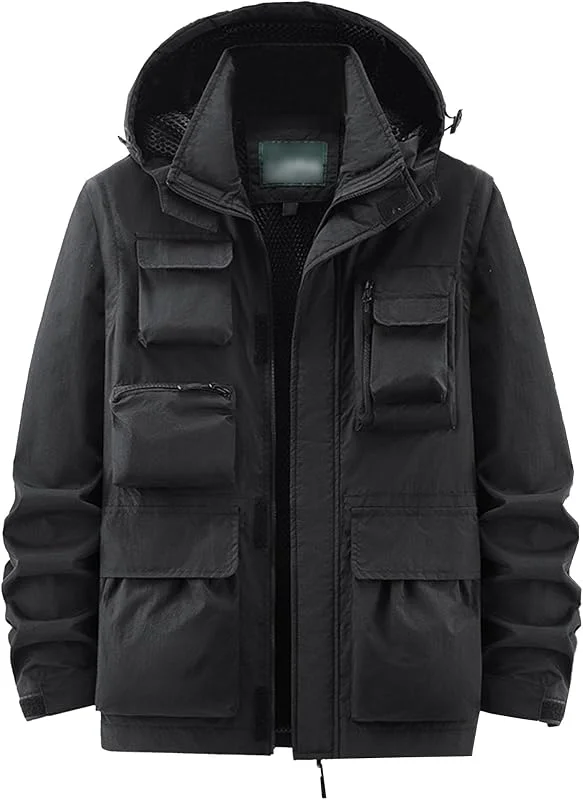ZDJSWJ Hommes hiver travail imperméable veste léger cargo Multi-poches veste softshell capuche extérieur coupe-vent — Vetements ski