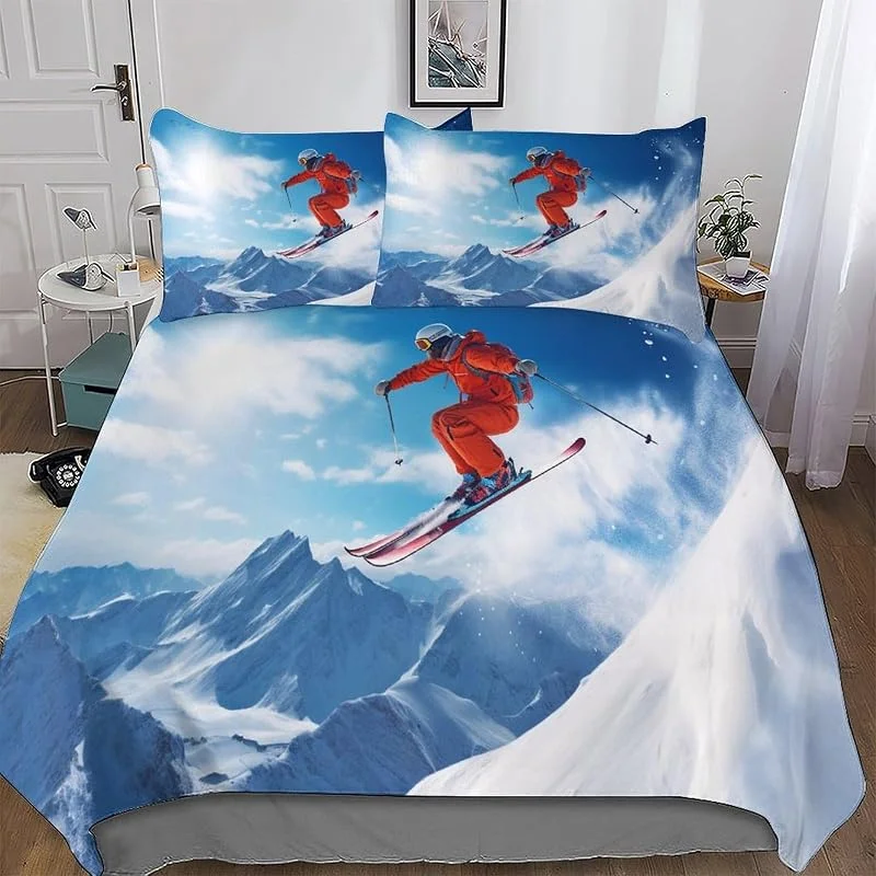 Snow Mountain Ski Parure De Lit Housse De Couette Et Taie d'oreiller À Impression Ultra Doux Microfibre -Housse Couette Double 200x200cm — Equipement ski