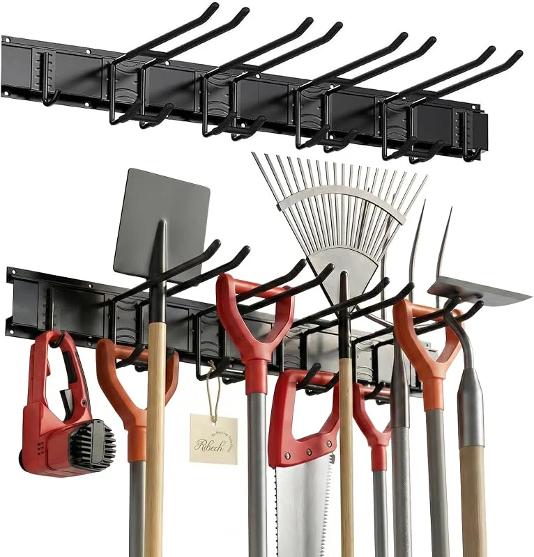 Range-mural pour Outils de Garage – Rail de Rangement 81 cm avec 6 Crochets (2 Types), Crochets Caoutchoutés, Capacité 140 kg, pour Outils de Jardin, Skis, Balais, Pelles – Fixation Murale — Equipement ski