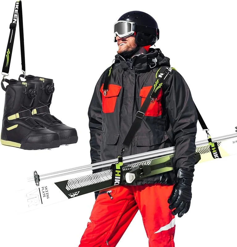 BOOSTEADY Sangle de Transport de Ski et de Bâtons, Porte-Épaule Réglable avec Bandoulière Rembourrée, Sangle de Ski avec Boucle en Métal & Crochet Pivotant, Sangle Baton de Ski pour Porte-Skis — Equipement ski