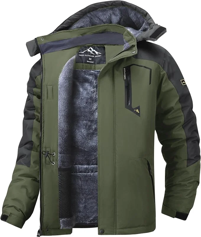 Tansozer Homme Veste de Ski d'Hiver Coupe-Vent et Imperméable Manteaux avec Capuche Amovible (Vert Militaire, M) — Vetements ski