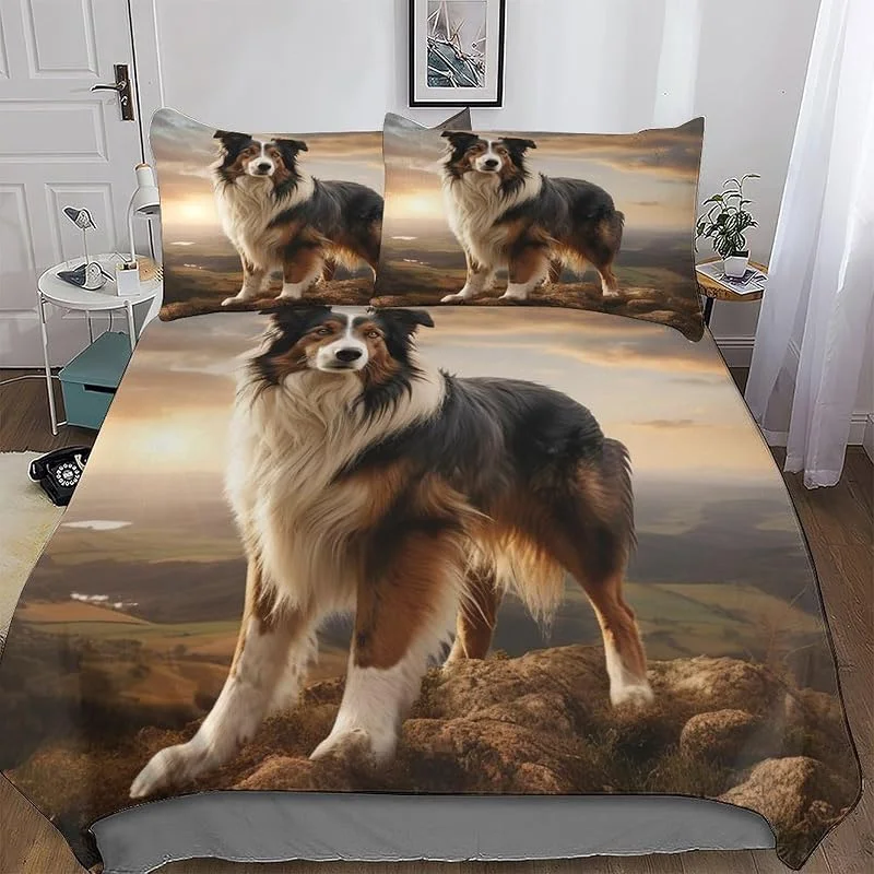 Border Collie Parure De Lit 3 Pièces avec Housse De Couette Et Taies d'oreiller Assorties Motif 3D Housse Couette Douce Microfibre avec Fermeture Éclair Double (200x200cm) — Equipement ski