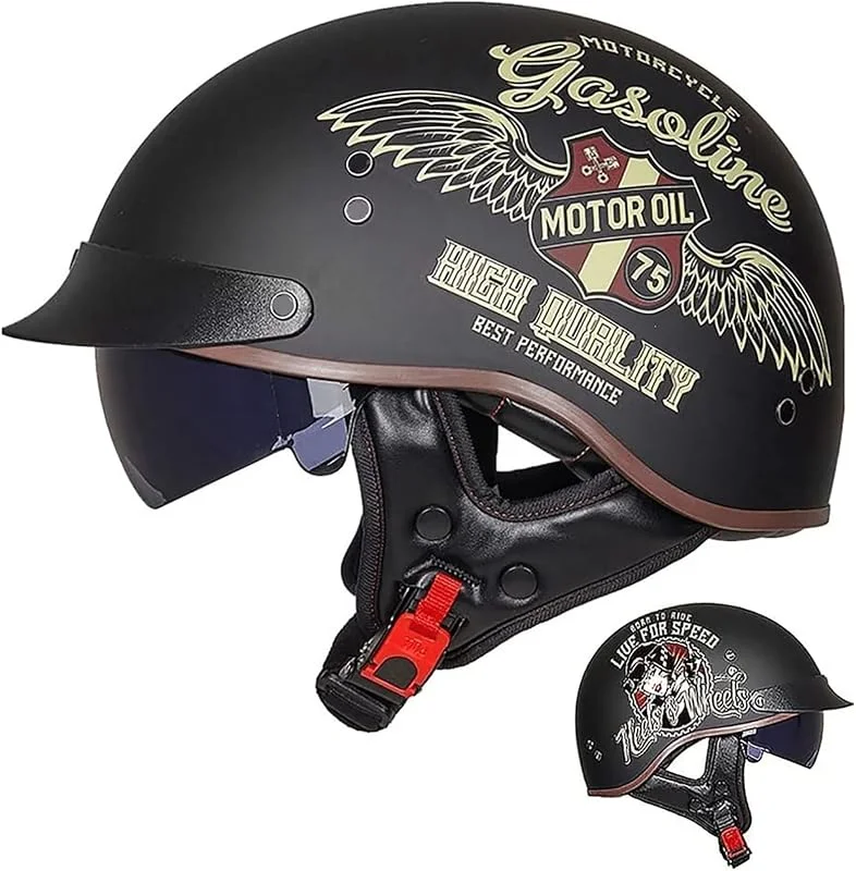 EBAYIN Casque Demi Jet, Casque Bol Vintage Casque Ouvert Casque Jet Retro Casque Scooter for Hommes Et Femmes, Casque Moto Casque De Chopper Homologué ECE avec Visière Intégrée(D, XXL=(63~64cm)) — Equipement ski