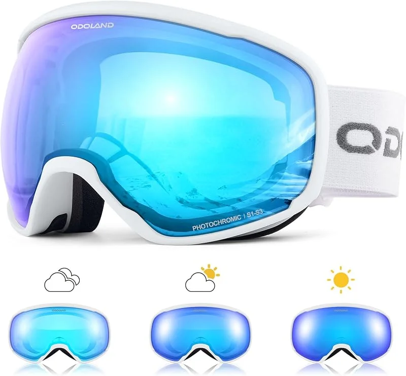 Odoland Lunettes de Ski Lentille Photochromique, Masque de Ski et Snowboard Anti-UV400, Anti-Buée, avec Grande Lentille Sphérique pour Homme Femme, Skating, Surf des neiges — Equipement ski