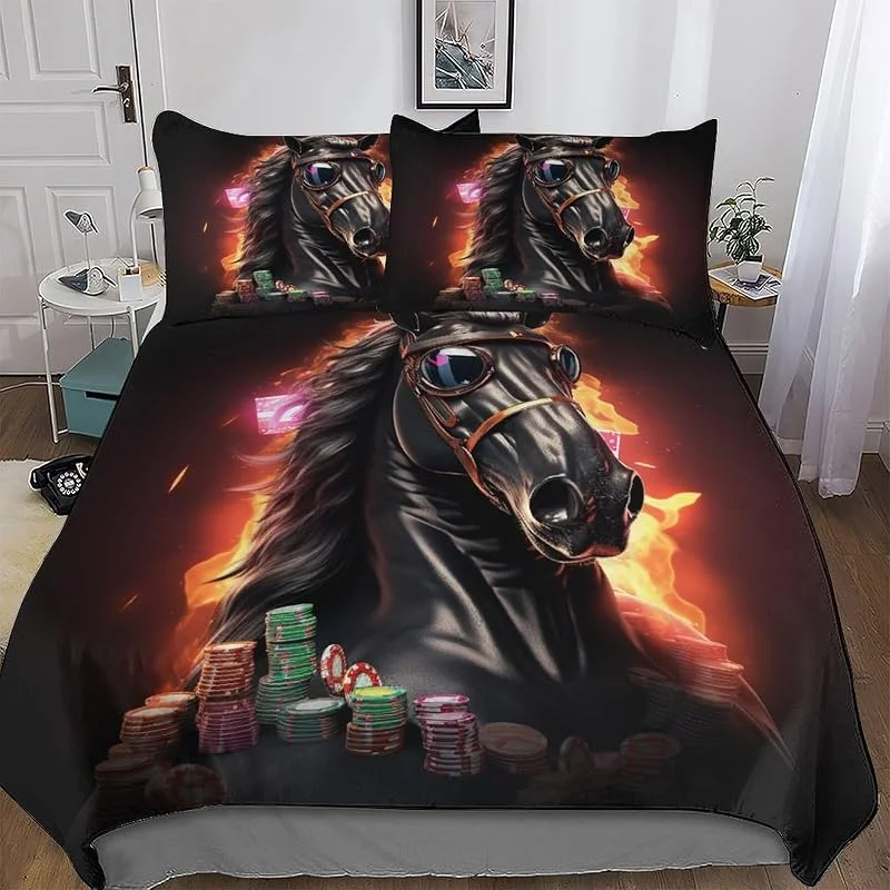Cheval Imprimé Housse De Couette Et Taie d'oreiller Et Housse Couette 3 Pièces Parure De Lit Hypoallergique Microfibre avec Fermeture Éclair Double (200x200cm) — Equipement ski