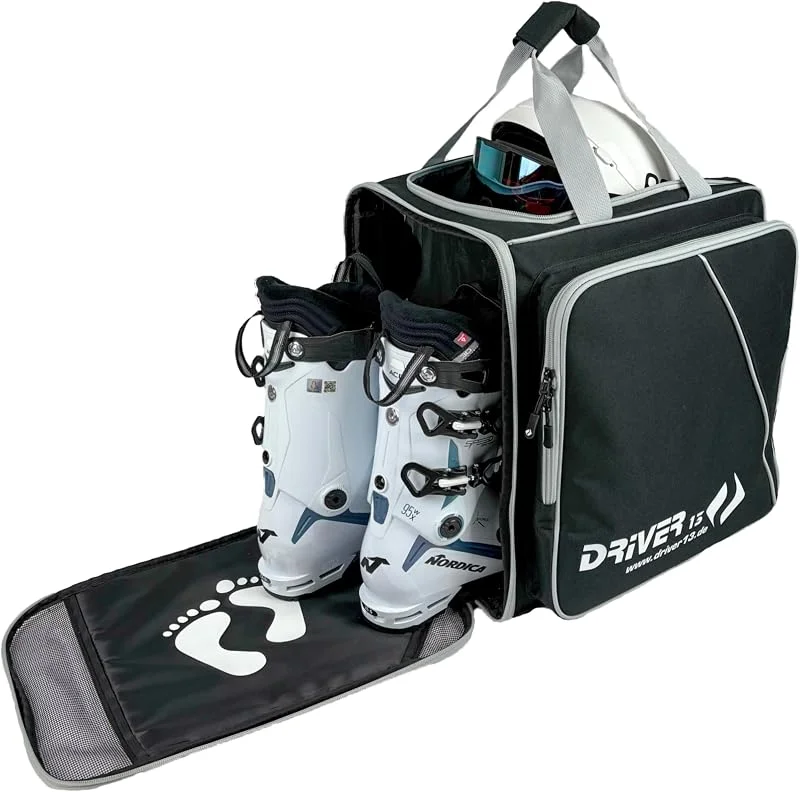 Driver13 Sac à Dos pour Chaussures de Ski avec Compartiment Casque, Sac bootbag pour Chaussures de Ski et Boots de Snowboard, Dimensions 40 x 28 x 44 cm, Noir, Gris — Equipement ski