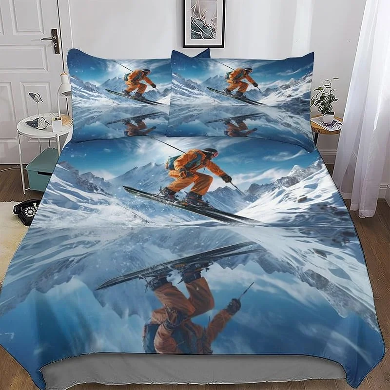 Ski 3D Imprimé Housse De Couette Parure De Lit avec Taie d'oreiller Doux Et Confortable Sets De Housse Couette en Microfibre Fermeture avec Fermeture Éclair Double (200x200cm) — Equipement ski