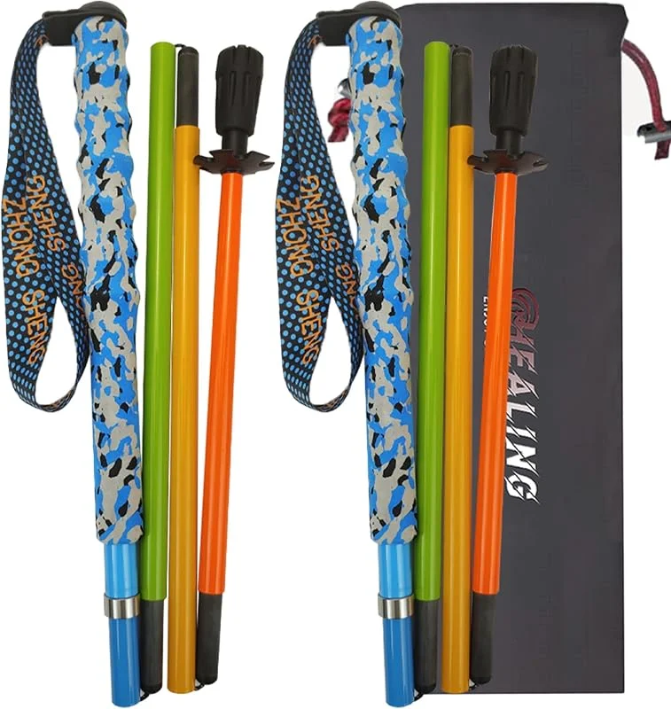 OKHEALING Lot de 2 bâtons de randonnée pliables en fibre de carbone ultralégers avec poignées anti-humidité et sac de rangement — Equipement ski