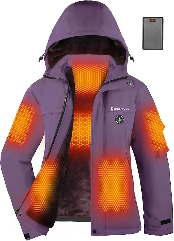 Veste Chauffante Graphène Femme avec Capuche, Polaire Veste de Ski Imperméable et Coupe-vent avec Batterie 20000mAh, 6 Zones Chauffantes, 3 Niveaux de Température Pour Ski, Randonnée, Camping — Vetements ski