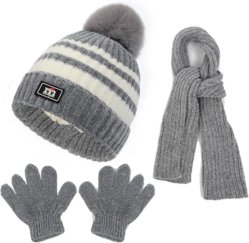 Enfants Tricotés Bonnet d'Hiver Écharpe Gants 3 en 1, Doublure Doux Pompon Bonnet Tricoté Chaud Cache-Cou Extensible Gants pour Garçons et Filles 2 à 8 Ans Ski Activité Plein Air — Vetements ski
