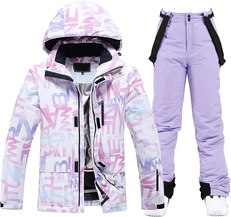 ALSOGO Ensemble veste de ski et pantalon de ski pour femme - Combinaison de ski 2 pièces - Colonne d'eau - Veste de neige respirante - Bretelles coupe-vent - Pantalon de neige avec capuche amovible — Vetements ski
