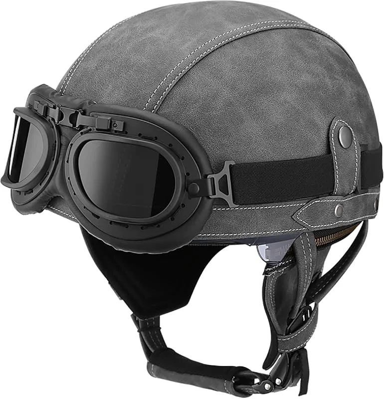 EBAYIN Casque de Moto Casque de Scooter Vintage Demi-Casque Casque Jet Homologué Dot ECE Cruiser Chopper Pilot Casque Ouvert avec Lunettes Casque Demi-Coque Rétro, B-L=(59~60cm) — Equipement ski