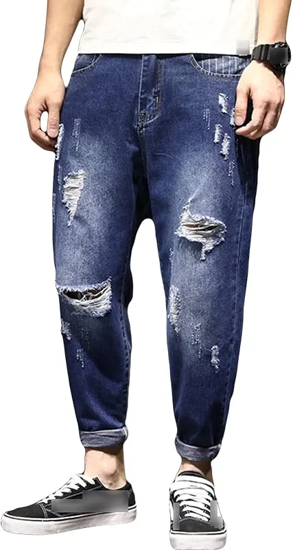 DGKaxiyaHM Jeans déchirés Vintage pour Hommes Jean Sarouel déchiré Taille mi-Haute Pantalon en Jean Court décontracté à Poche lâche — Vetements ski