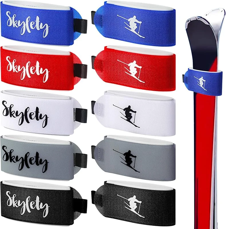 Skylety Lot de 10 Attaches réglables pour Sangles de Ski pour Le Transport de matériel d'hiver et de Noël (Noir, Bleu, Rouge, Gris, Blanc) — Equipement ski