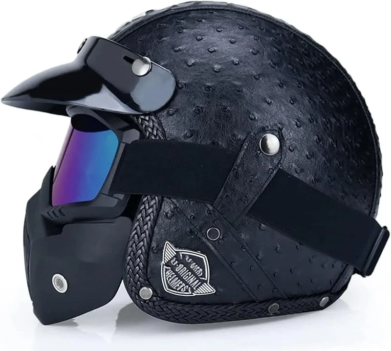 EBAYIN Casque RéTro Moto Jet Demi-Casque Ouvert avec VisièRe Vintage Casque Cuir Scooter Cruiser Chopper Crash Helmet Dot ECE Approved, K-S=(55~56cm) — Equipement ski