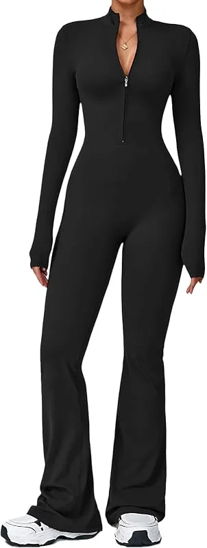Ecupper Combinaisons de Sport Femme à Manches Longues Jumpsuit Une Pièce Combinaisons Overalls Flare Romper avec Fermeture Éclair — Vetements ski