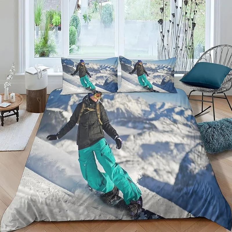 Housse De Couette Ski Sports Extrêmes Parure De Lit 1-2 Personne avec 2 Taies d'oreiller, 3D Imprimé Enfant Housse De Couette en Microfibre 150X200 Cm - Confortable Et Facile D'Entretie -205X690S861 — Equipement ski