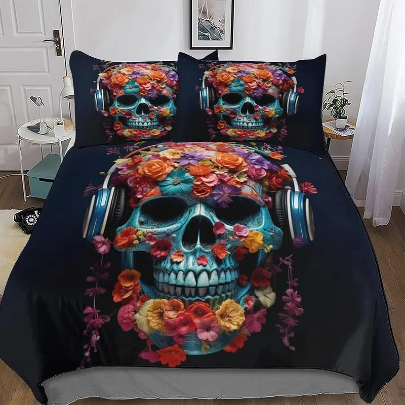 Crâne Parure De Lit 3 Pièces Housse De Couette en Microfibre Hypoallergique pour Enfants Et Adolescents Double (200x200cm) — Equipement ski