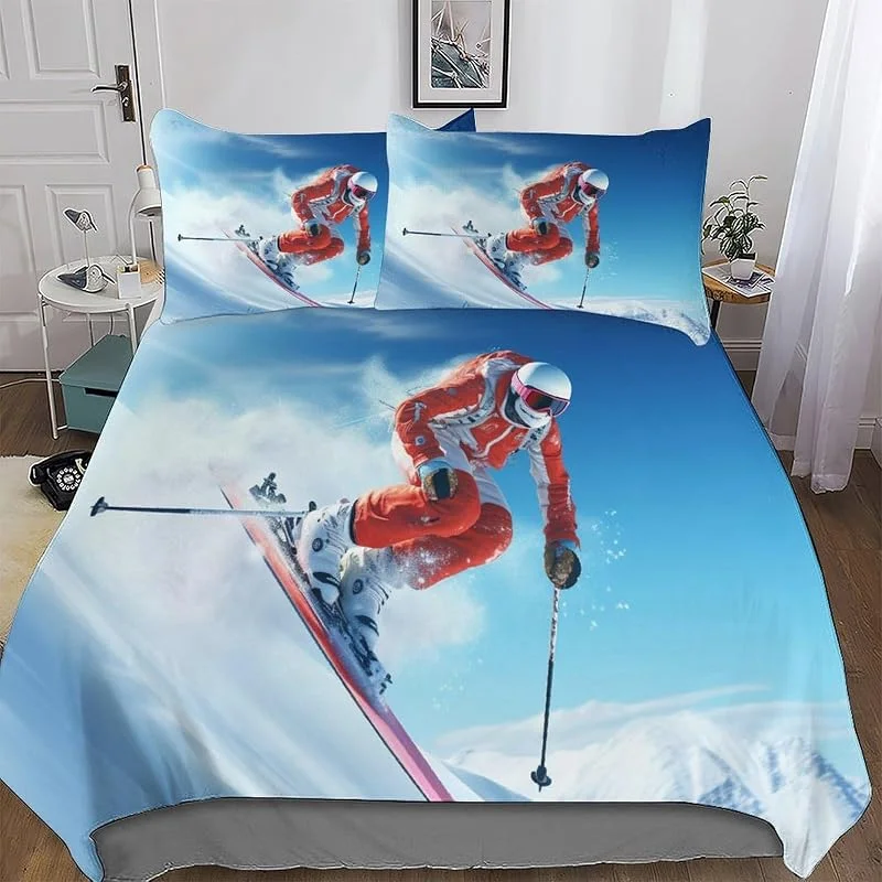 Ski de Montagne sur Neige Parure De Lit De Microfibre Coton, Super Douce, Confortable Et Moelleuse, pour Enfants Adultes Housse De Couette avec Taie d'oreiller Assortie Double (200x200cm) — Equipement ski
