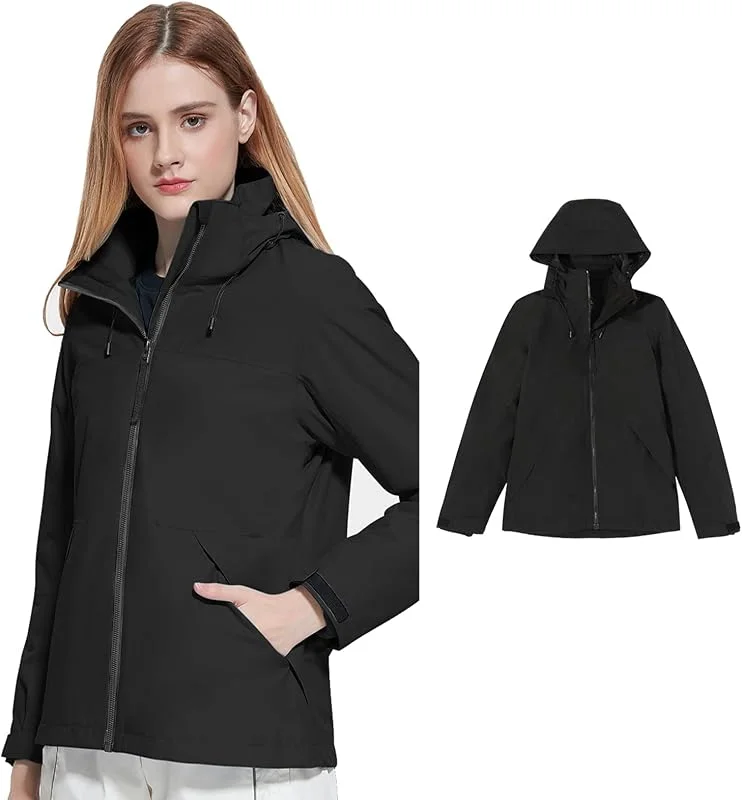 MU Femmes Veste Pluie Résistant À L'Eau Veste Légère Capuche Coupe-Vent Snowboard 3 En 1 Veste de Ski D'Hiver Avec Capuchon, Black, L — Vetements ski