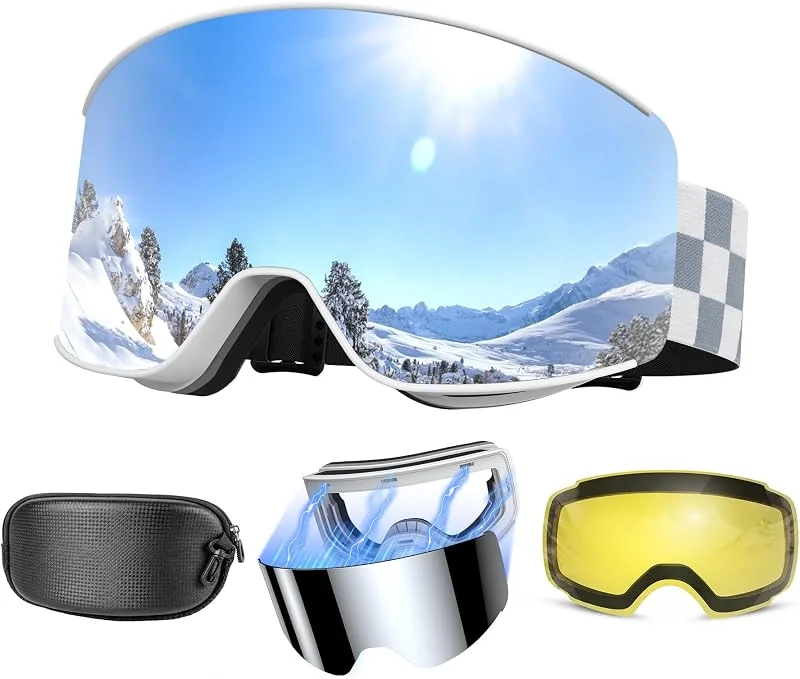 Kit de Lunettes de Ski Magnétique, avec 2 écran Détachable, Lunettes de Neige Torique Design, Anti-UV, Anti-buée, Coupe-Vent, Masques de Ski pour Homme & Femme — Equipement ski