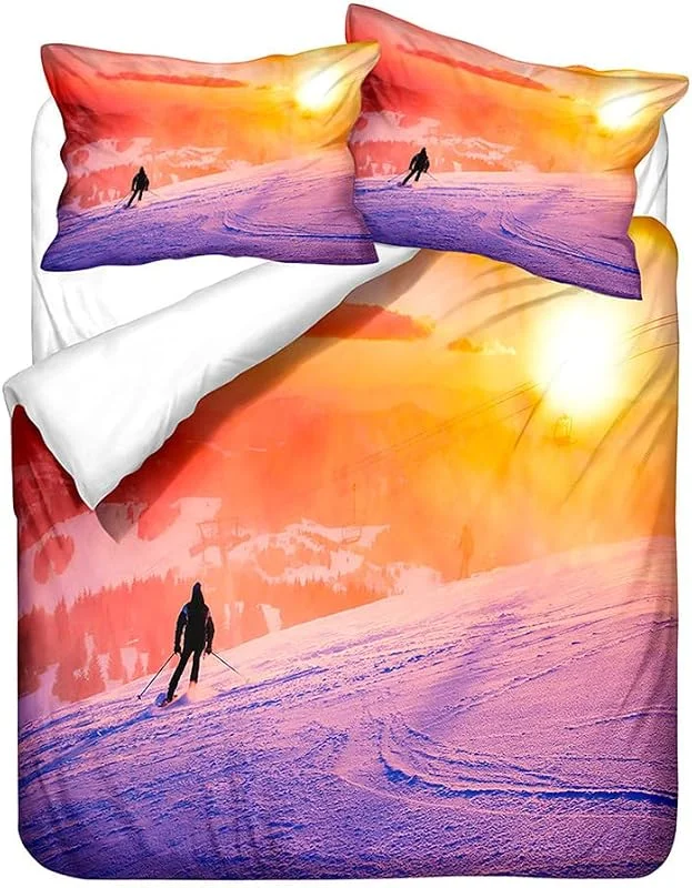 Parure de lit 140x200 Ski Style Sportif Neiger Montagne Modèle Ensemble de literie Enfants Garçon Fille Vert Jaune Housses de Couette et Taies d'oreiller — Equipement ski