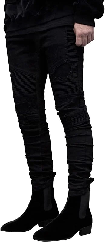 Jeans Motards DéChiréS pour Hommes Pantalon en Jean Plissé à Taille Moyenne DéContracté Pantalon en Jean Droit Slim Destroy Et Skinny — Vetements ski