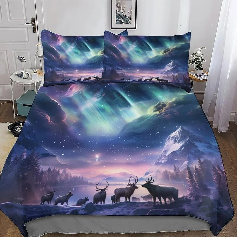 Aurora Wapiti Imprimé Housse De Couette Et Taie d'oreiller Et Housse Couette 3 Pièces Parure De Lit Hypoallergique Microfibre avec Fermeture Éclair Double (200x200cm) — Equipement ski