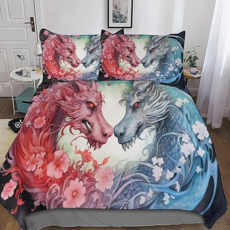 Dragon 3D Parures De Lit avec Taies d'oreiller, Housse De Couette Polyester Ensemble Linge De Lit Microfibre Hypoallergique Douce pour Hommes Et Femmes Double (200x200cm) — Equipement ski