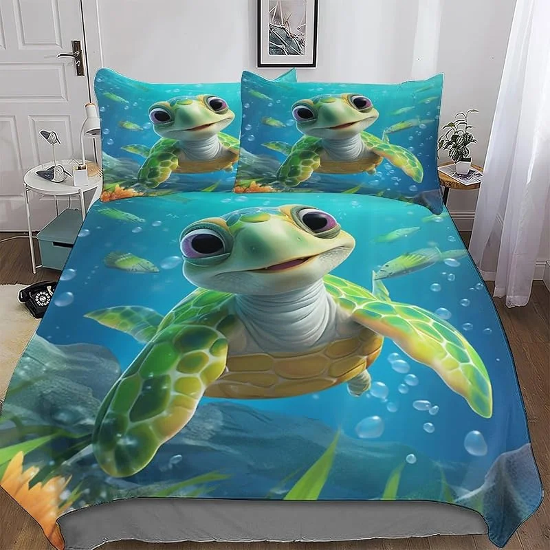 Cute Tortue Parure De Lit Housse De Couette Et Taies d'oreiller, 3 Pièces Ensemble Doux Microfibre pour Enfants Et Adolescents Double 200x200cm — Equipement ski