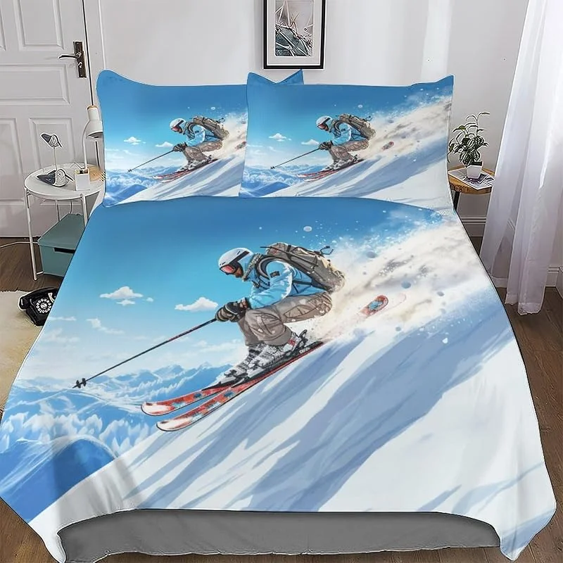 Ski de Montagne enneigé Parure De Lit avec Housse De Couette Et Taie d'oreiller 3 Pièces, pour Enfants Adultes, Parure De Lit Double 200x200cm — Equipement ski