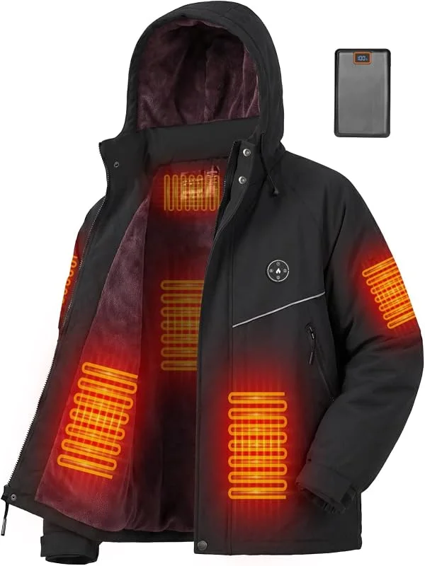 Veste Chauffante Homme avec Doublure Polaire et Brassard, Batterie 20000mAh 7.4V, 6 Zones de Chauffage & 3 Niveaux de Température, Veste D'hiver Imperméable Coupe-vent pour Ski et Chasse — Vetements ski