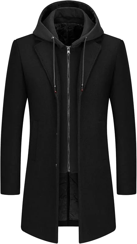 Manteau Homme en Laine à Capuche Amovible Chaud Long — Vetements ski