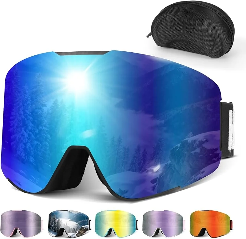 Hikeen Lunettes de ski photochromiques anti-buée, protection UV avec rembourrage 3 couches pour homme et femme avec étui de rangement — Equipement ski