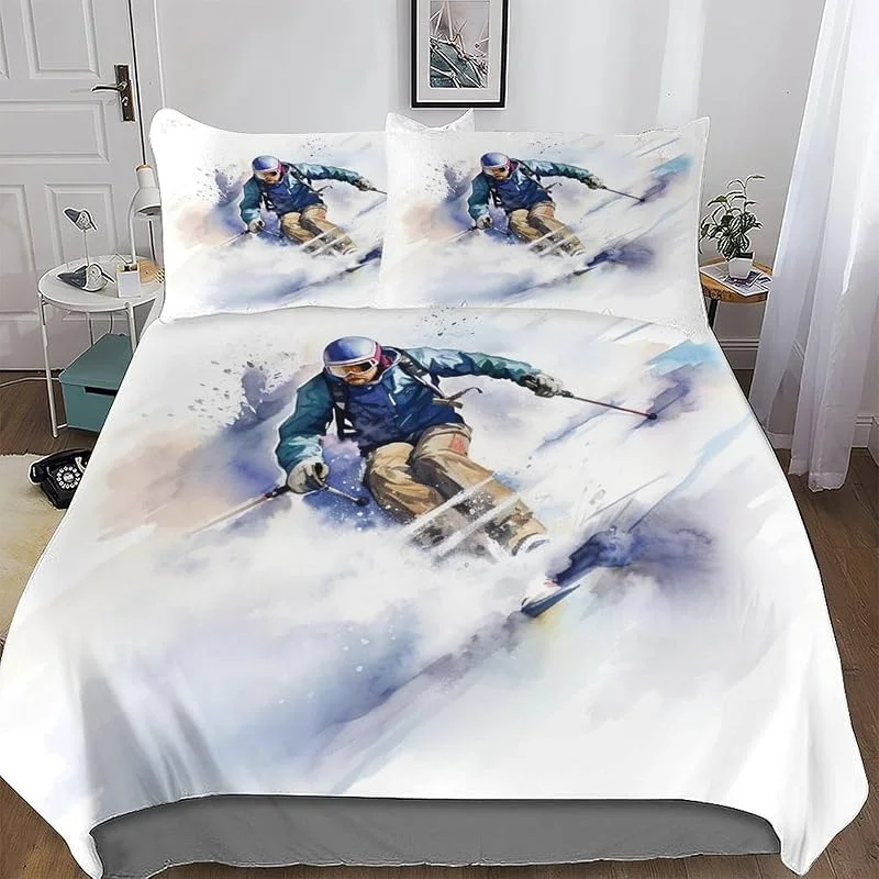 Ski Housse De Couette 3 Pièces Ensemble Microfibre Hypoallergique Douce Parure De Lit en, pour Adultes Et Adolescents, avec Housse Couette Et Taies d'oreiller Double (200x200cm) — Equipement ski