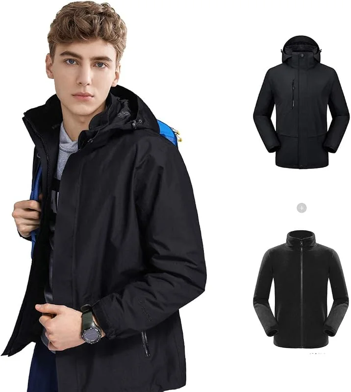 MU Vêtements Pour Hommes Mountain Ski Veste 3 En 1 Veste Imperméable Chaud Neige Veste Manteau À Capuchon Pluie Coupe-Vent Manteau D'Hiver Mode Épais Coupe-Vent, Black, M — Vetements ski