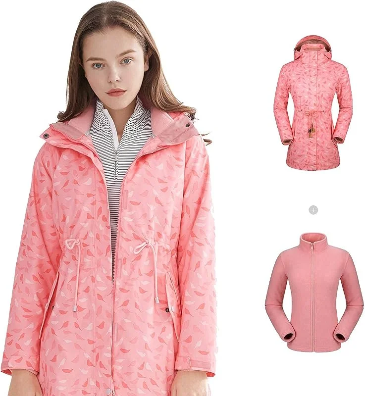 MU Veste de Ski Imperméable Pour Femmes 3-En-1 Windbreaker Manteau D'Hiver Mode Mi-Longueur Veste À La Taille Imprimée Vêtements En Molleton Intérieur Pour La Pluie Neige de Randonnée En Plein Air, Pin — Vetements ski