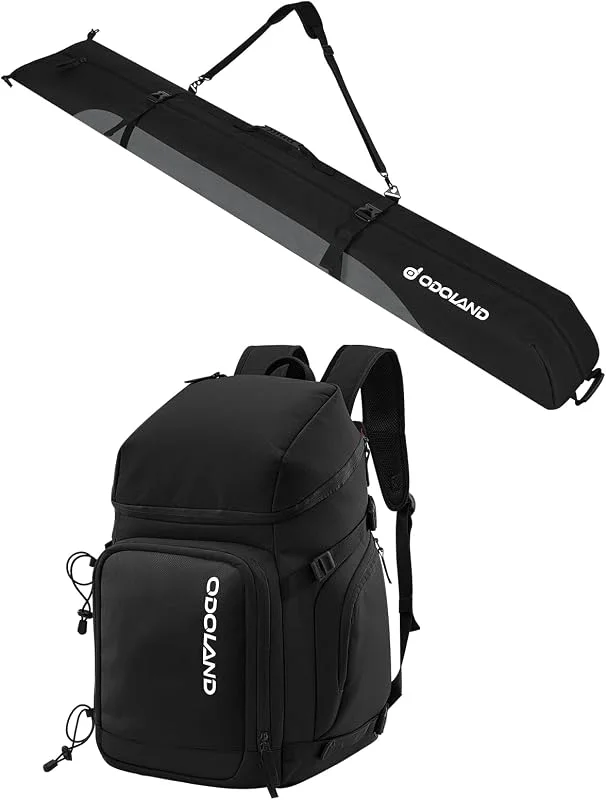 Odoland Housse à Skis 200cm et Sac à Dos pour Chaussures de Ski, Sacs Rembourrés de Skis, Double Imperméable pour Transporter d'Équipement de Ski, Chaussures, Lunettes, Casque pour Homme Femme — Equipement ski