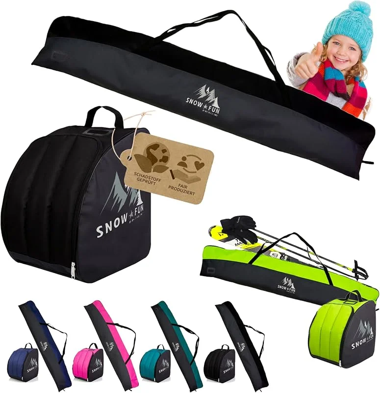 BambiniWelt Kit de ski pour enfant 125 cm Sac de ski & sac à chaussures de ski Cordura imperméable Sac à dos de ski Compartiment pour casque & compartiment pour lunettes de ski – École de ski et — Equipement ski