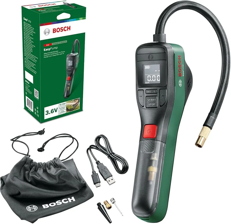 Bosch Pompe à vélo, pompe à air, mini-compresseur électrique EasyPump (batterie 3, 0 Ah, 3, 6 V, fonction Autostop, 150 PSI, 10, 3 bar, LED, rechargeable via câble USB-C, dans boîte carton) — Vetements ski
