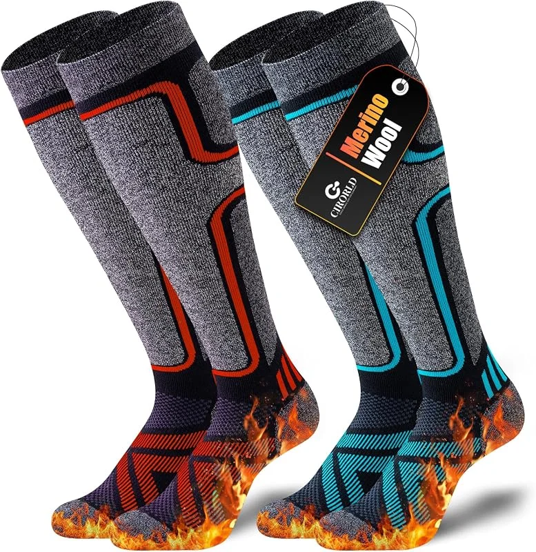 Cirorld Lot de 2 paires de chaussettes de ski en laine mérinos pour homme et femme - Chaussettes hautes pour l'hiver - Chaussettes de ski thermiques — Vetements ski