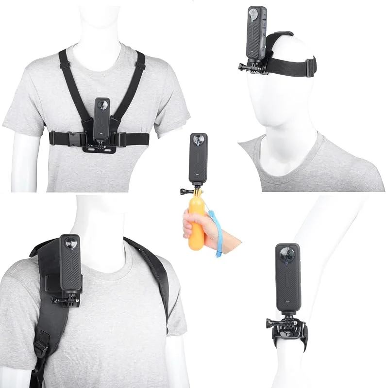 10 en 1 Kit caméra d'action, pour Insta360 X6, X5, X4 Air, X4, X3, Ace Pro, Harnais Telephone, Fixation Bandeau, Fixation Poignet, Clip de Sac à Dos, Support Flottant, Compatible avec GoPro Hero — Equipement ski