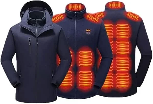 Veste chauffante 3 en 1 for Homme, Capuche Amovible, Polaire électrique, imperméable, for Le Ski en Plein air, sans Batterie(Bleu, 2XL(80-85kg)) — Vetements ski